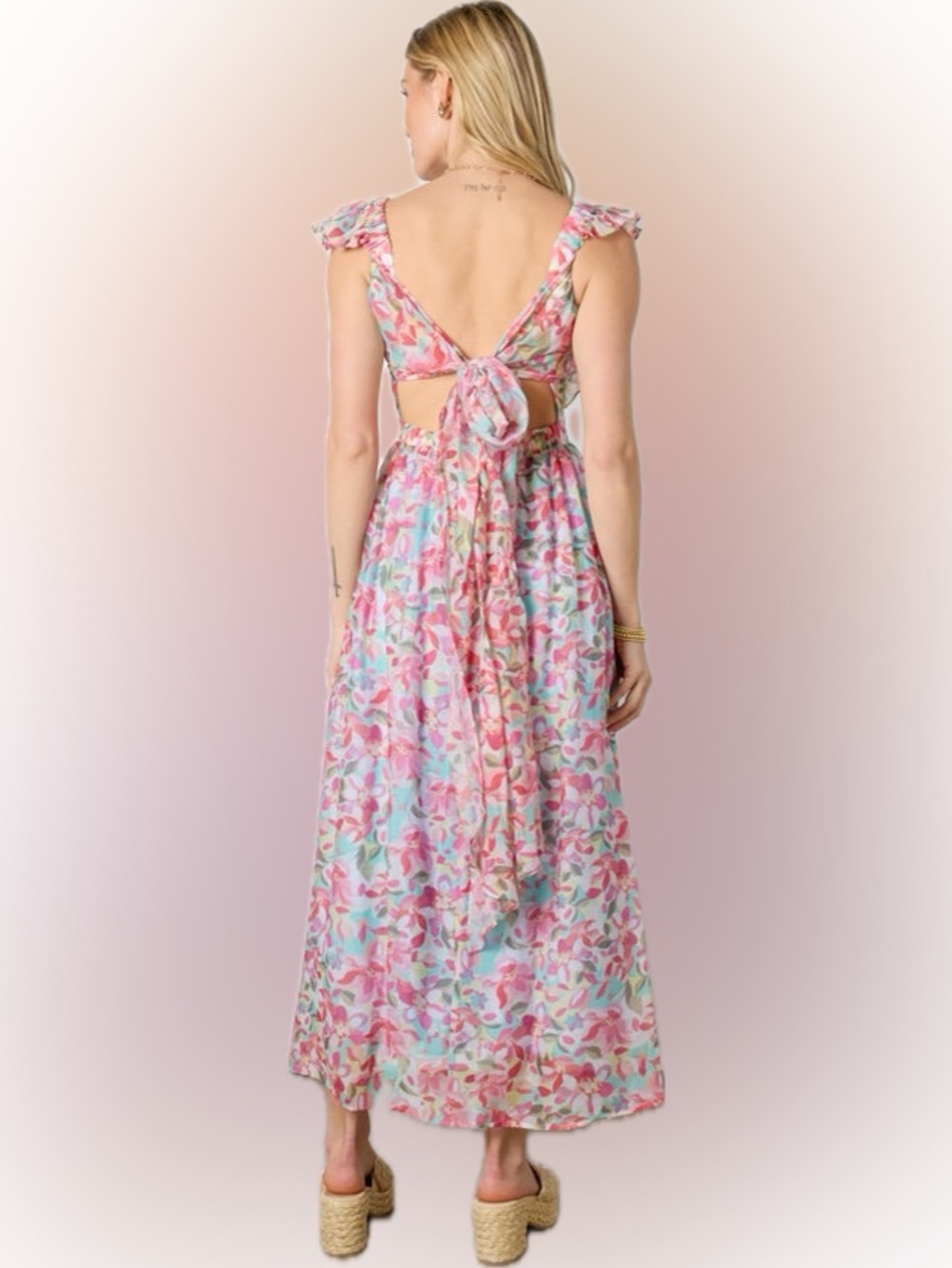 NWT Vestique Hold My Hand Floral Midi Ruffle Tie Open Back Flowy Dress S